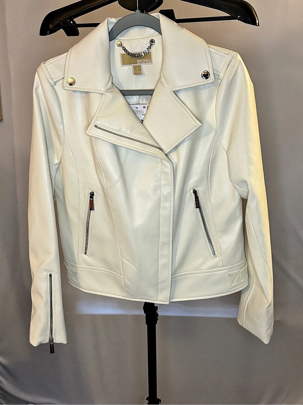 Michael Kors Leather Moto Jacket in White Size Medium NWT
